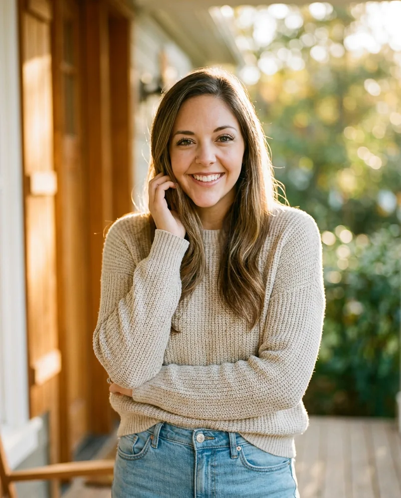 Stacey, founder of Layna's Grace, on her porch in warm natural light.